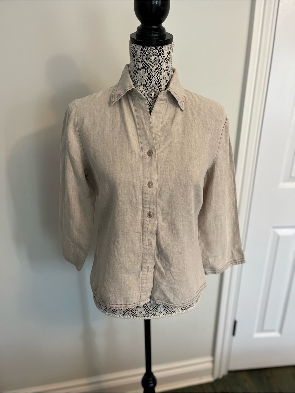 Women's Button-Down Shirt in Light Beige - Classic Collared Top 100% linen